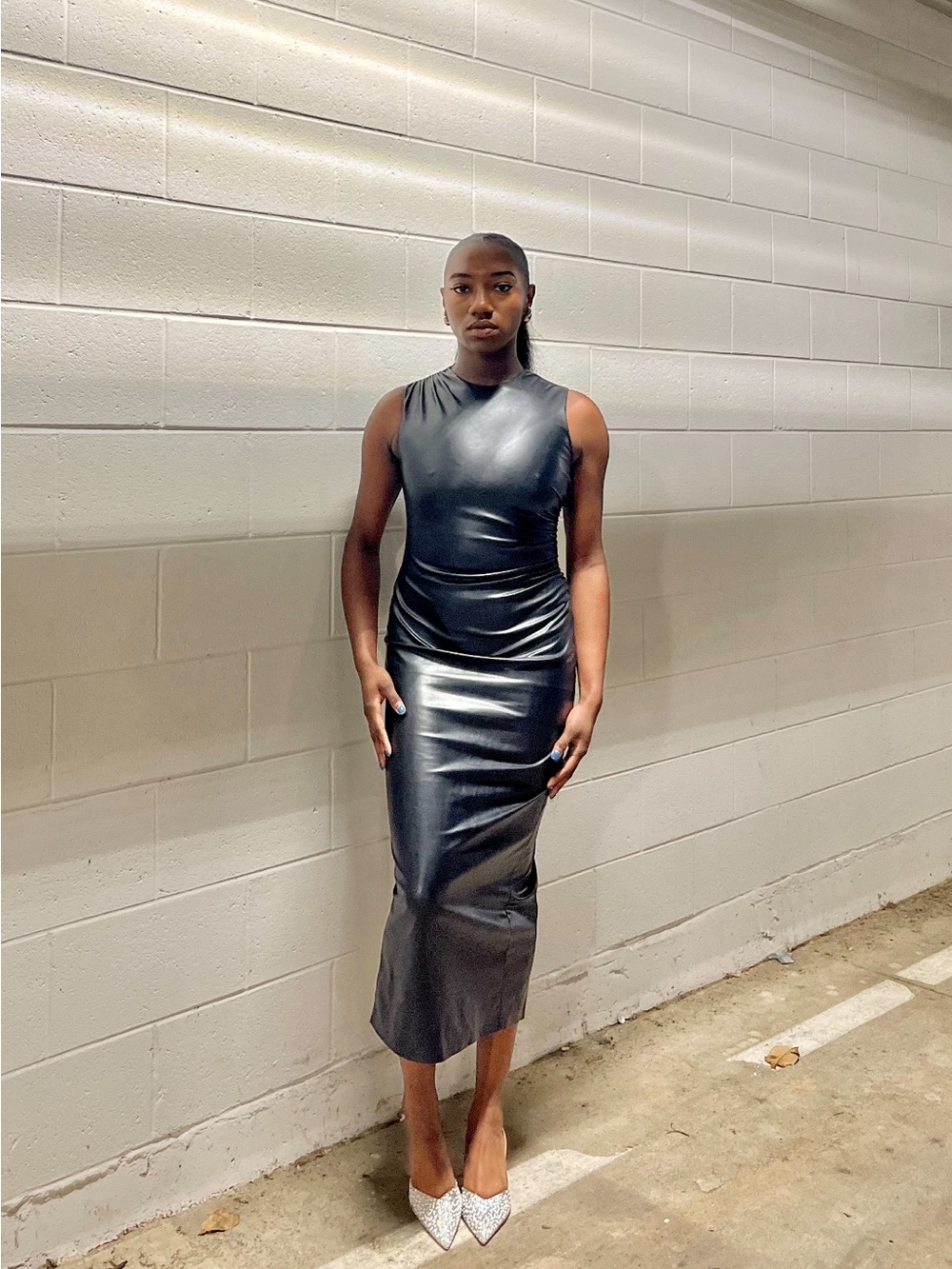 Zara Sleek Black Sleeveless Faux-Leather Maxi Dress